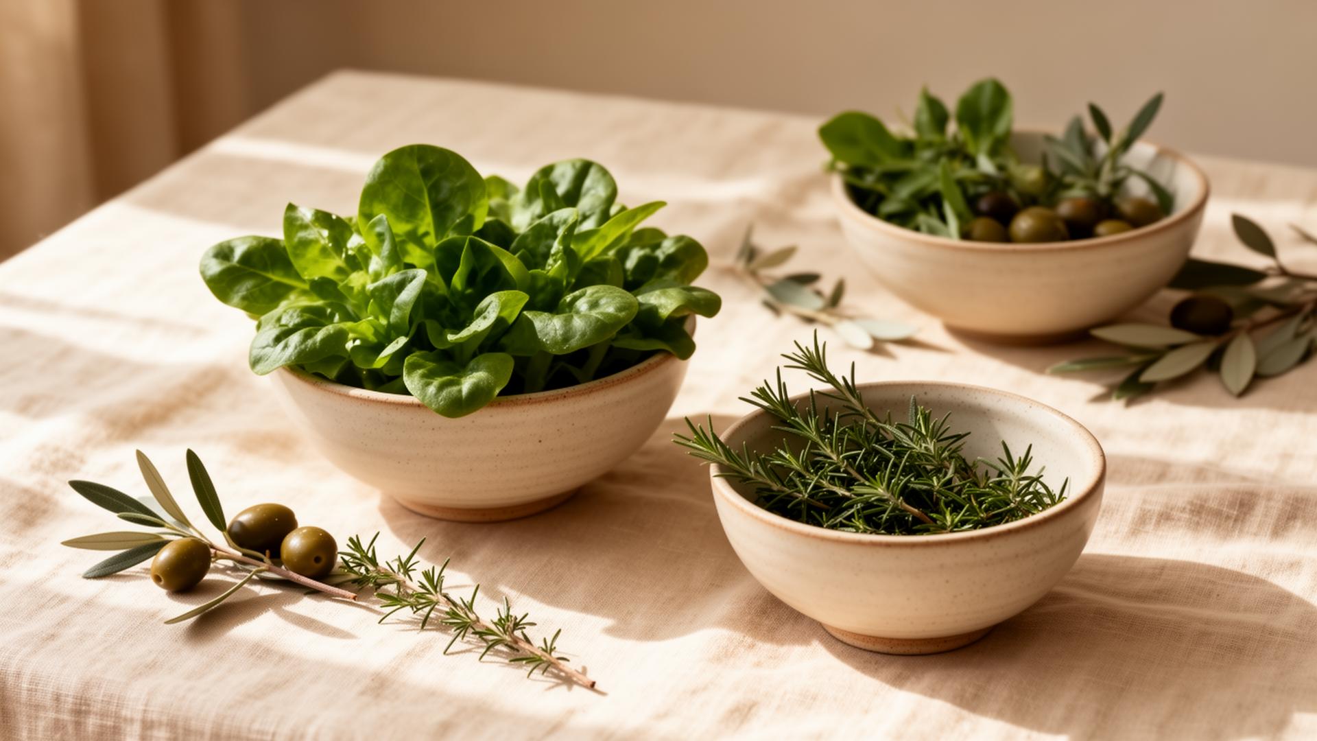 Fresh greens and herbs in ceramic bowls on warm linen — calm wellness still life